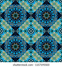 Seamless pattern luxury ornament. Vector ornament bandana in black, green and blue colors for print, silk neck scarf or kerchief square design style for print on fabric.