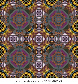 Seamless pattern luxury ornament. Vector ornament bandana in gray, brown and blue colors for print, silk neck scarf or kerchief square design style for print on fabric.