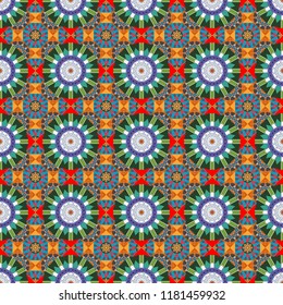 Seamless pattern luxury ornament. Vector ornament bandana in blue, green and orange colors for print, silk neck scarf or kerchief square design style for print on fabric.