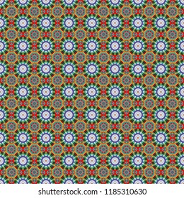 Seamless pattern luxury ornament. Vector ornament bandana in green, yellow and blue colors for print, silk neck scarf or kerchief square design style for print on fabric.