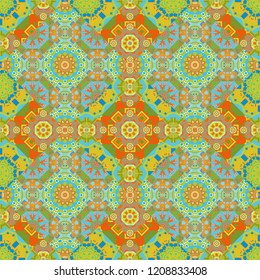 Seamless pattern luxury ornament. Vector ornament bandana in green, blue and orange colors for print, silk neck scarf or kerchief square design style for print on fabric.