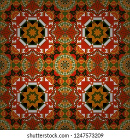 Seamless pattern luxury ornament. Vector ornament bandana in red, orange and green colors for print, silk neck scarf or kerchief square design style for print on fabric.