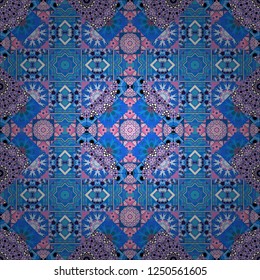 Seamless pattern luxury ornament. Vector ornament bandana in pink, blue and violet colors for print, silk neck scarf or kerchief square design style for print on fabric.