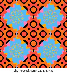 Seamless pattern luxury ornament. Vector ornament bandana in blue, orange and pink colors for print, silk neck scarf or kerchief square design style for print on fabric.