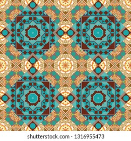Seamless pattern luxury ornament. Vector ornament bandana in blue, brown and yellow colors for print, silk neck scarf or kerchief square design style for print on fabric.