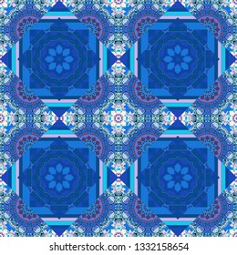 Seamless pattern luxury ornament. Vector ornament bandana in blue, violet and white colors for print, silk neck scarf or kerchief square design style for print on fabric.