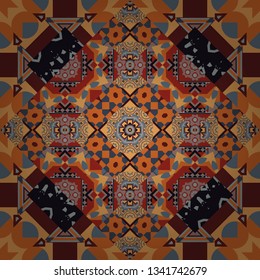 Seamless pattern luxury ornament. Vector ornament bandana in orange, gray and brown colors for print, silk neck scarf or kerchief square design style for print on fabric.