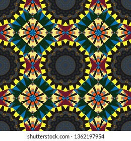 Seamless pattern luxury ornament. Vector ornament bandana in black, blue and yellow colors for print, silk neck scarf or kerchief square design style for print on fabric.