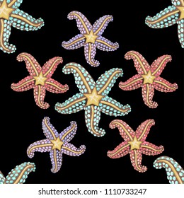 
Seamless pattern. Luxury starfish on a black background.