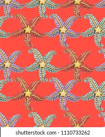 
Seamless pattern. Luxury starfish on a red background.