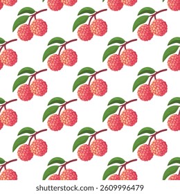 Seamless Pattern of Lychee Fruit on White Background With Green Leaves