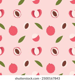 Seamless pattern of lychee. Whole lychee, half sliced, peeled and seeds. Vector tropical fruits and green leaves on a pink background.