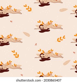 Patrón sin foco con mujeres tendidas y plantas. Femininidad y concepto de autocuidado. Ilustración vectorial en estilo moderno
