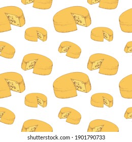 Seamless Pattern with Maasdam cheese isolated on white background. Dairy products. For printing wrapping paper, packaging, fabric. Hand Drawn vector illustration.