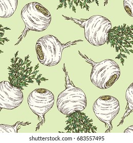 Seamless pattern with Maca Peruvian. Super food. Vector hand drawn illustration.