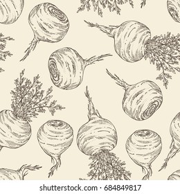 Seamless pattern with Maca Peruvian. Super food. Vector hand drawn illustration.