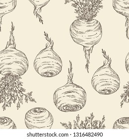 Seamless pattern with Maca Peruvian. Superfood. Vector hand drawn illustration