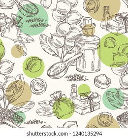 Seamless pattern with macadamia: branch, leaves, macadamia nuts, soap and bath salt . Cosmetic and medical plant. Vector hand drawn illustration. 