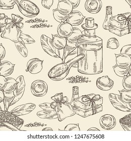 Seamless pattern with macadamia: branch, leaves, macadamia nuts, soap and bath salt . Cosmetic and medical plant. Vector hand drawn illustration. 