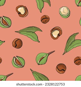 Seamless pattern with macadamia nuts. Design for fabric, textile, wallpaper, packaging.	