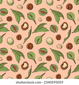 Seamless pattern with macadamia nuts. Design for fabric, textile, wallpaper, packaging.	