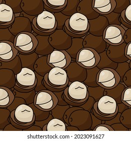 seamless pattern of macadamia nuts in shell and without on a dark brown background vector illustration