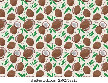 Seamless pattern with macadamia nuts. Vector illustration of half and full coconuts with leaves nature background.