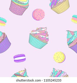 Seamless pattern with macaron and cupcake on soft pink background. Vector Illustration