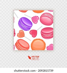 Seamless pattern with macaroni and sweets in the shape of a heart, vector illustration