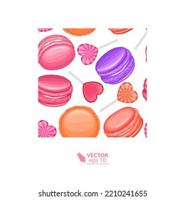Seamless pattern with macaroni and sweets in the shape of a heart, vector format