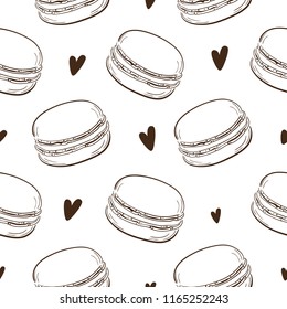 Seamless pattern with macarons cookies on white. Vector illustration.