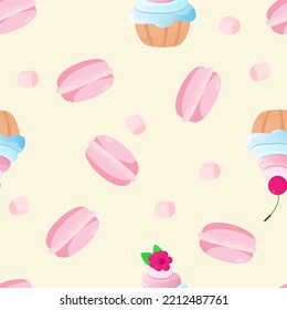 Seamless pattern of macarons and muffins or muffins with cream, marshmallows in cartoon style. Design for textiles, packaging, kitchen.
