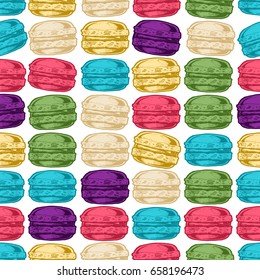 Seamless pattern with macarons in vintage engraved style on white background. 