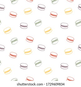 Patrón sin foco con macarons. Colorido conjunto de postres en un estilo esquemático aislado de fondo blanco. Postres y repostería dibujados a mano con doodle. Ilustración del vector