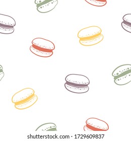 Patrón sin foco con macarons. Colorido conjunto de postres en un estilo esquemático aislado de fondo blanco. Postres y repostería dibujados a mano con doodle. Ilustración del vector