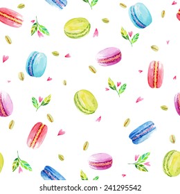 Seamless pattern. Macaroons cookies, pistachio, mint leaves and pink hearts. Watercolor illustration. 