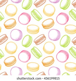 seamless pattern with macaroons. Pastry sweets collection.  Hand drawn vector illustration
