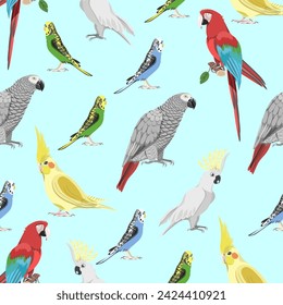 Seamless pattern macaw parrot, cockatoo, budgerigars, gray cockatiel, cockatiel on a blue background. Vector pattern for textiles, linen, wallpaper, summer designs.