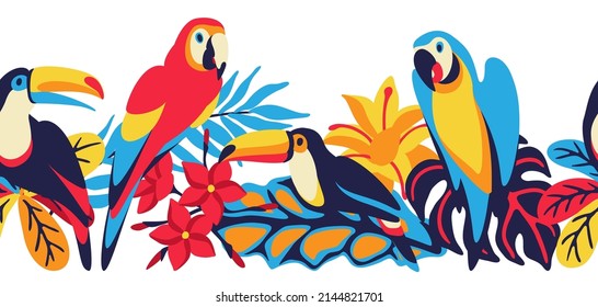 Patrón sin foco con loro de macao, plantas toscanas y tropicales. Pájaros decorativos exóticos, flores y hojas.