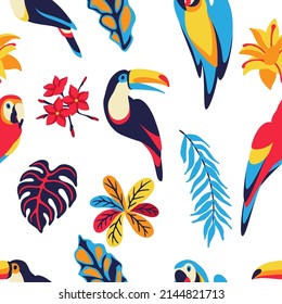 Seamless pattern with macaw parrot, toucan and tropical plants. Exotic decorative birds, flowers anf leaves.