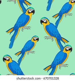 Seamless pattern Macaw  parrot yellowish blue araruna Vector illustration