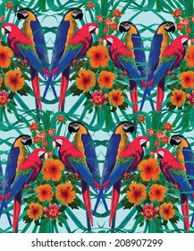 Seamless pattern with macaw parrots, flowers and palm leaves. Hand drawn vector.