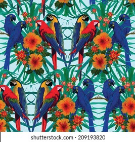 Seamless pattern with macaw parrots, flowers and palm leaves. Hand drawn vector.