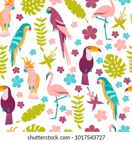 Seamless pattern with macaw, toucan, flamingo, tropical leaves and flowers on white background