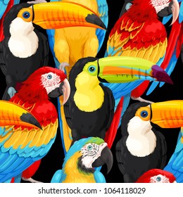 Seamless pattern macaws and toucans