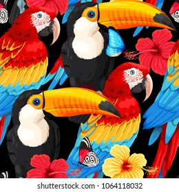 Seamless pattern macaws and toucans