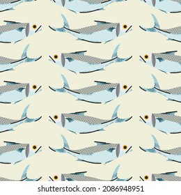 Seamless Pattern With Mackerels  On Light Background. Stylish Illustration, Background, Wrapping Paper Of Fresh Fish In A Cartoon Flat Style. Vector