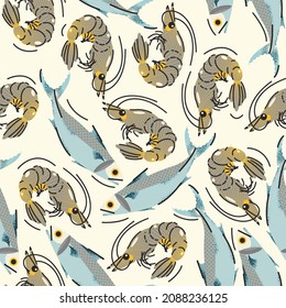 Seamless pattern with mackerels and shrimps on light background. Stylish illustration, background, wrapping paper of fresh fish, seafood in a cartoon flat style. Vector