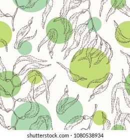 Seamless pattern with macrocystis: macrocystis seaweed, leaves. Brown algae. Edible seaweed. Vector hand drawn illustration.
