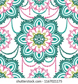 Seamless pattern with madala ornament, indian style, stylized jewelry, vector illustration